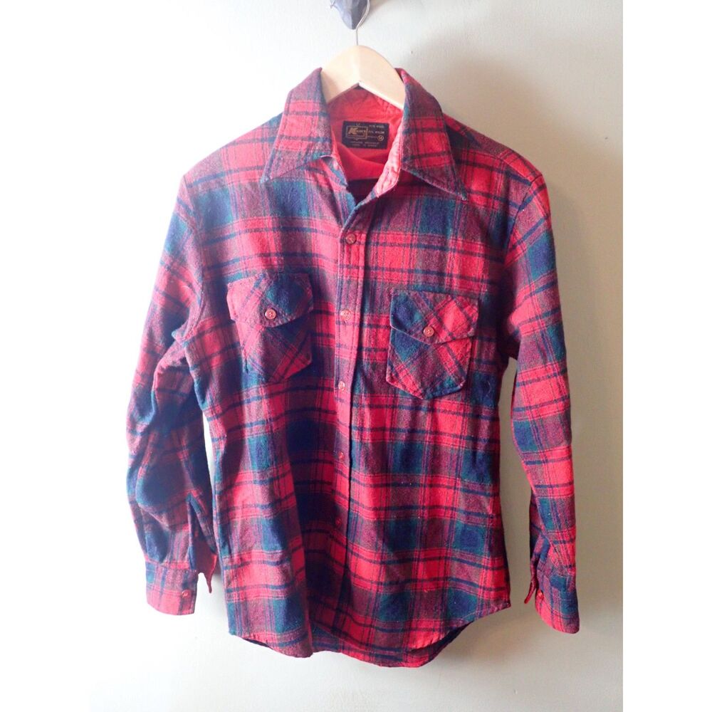 K-Mart Flannel Shirt Small Wool Blend 80s 70s Plaid Vintage Red Green